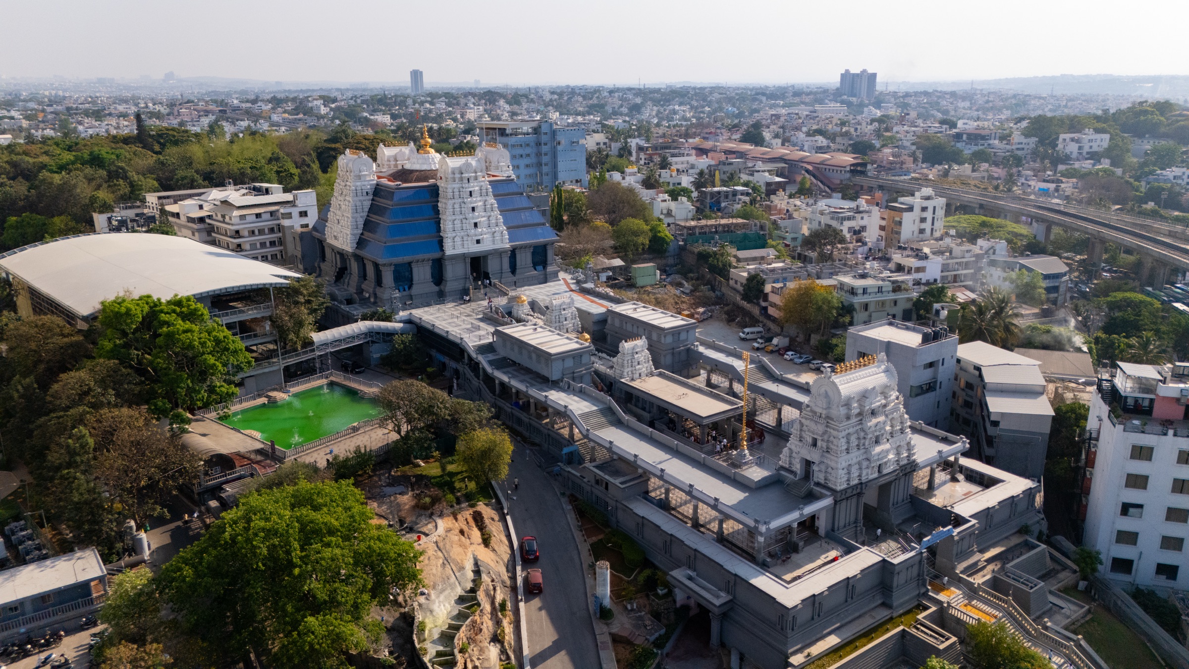 Aerial view of the Sri Radha Krishnachandra temple complex on Hare Krishna Hill, Bengaluru